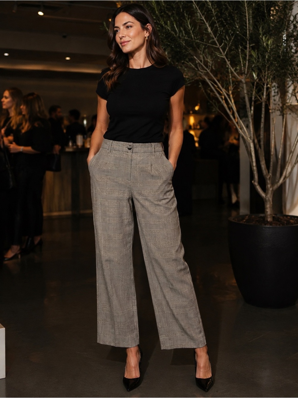 Marc Cain Glen Plaid Wide-Leg Trousers Cotton Linen Blend Size - N2 (US 6)